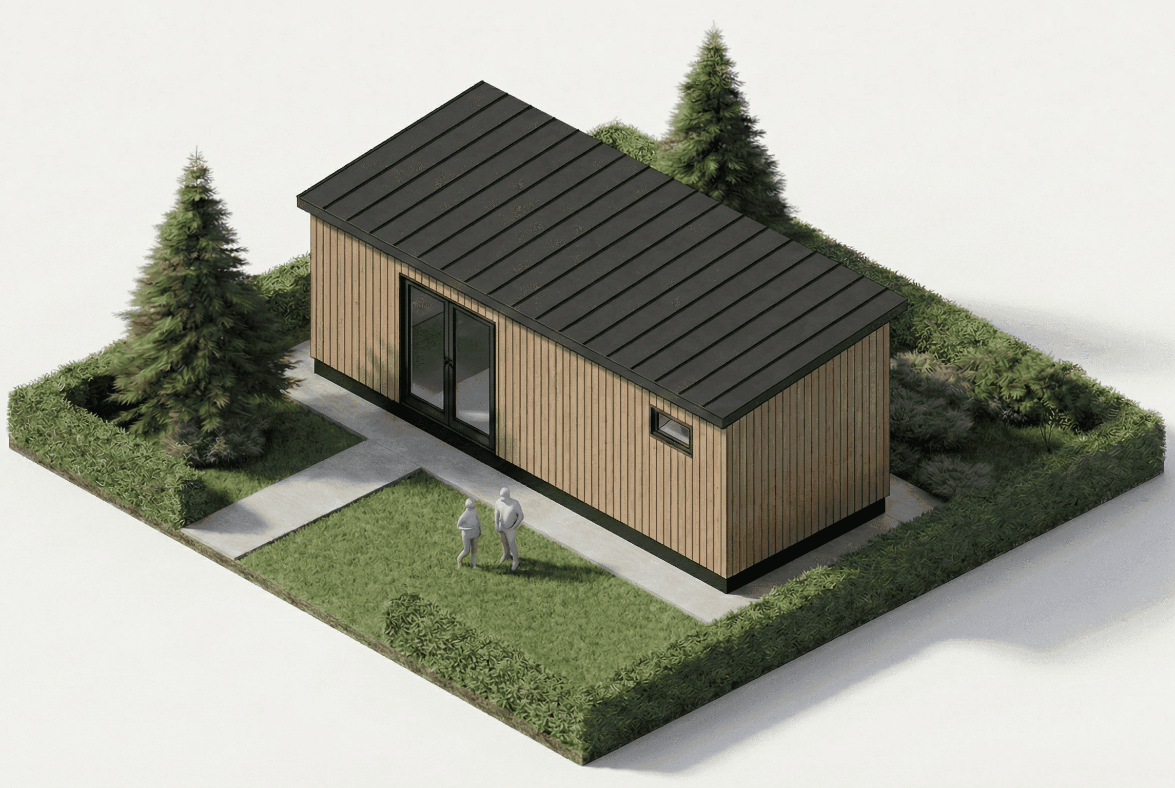 Isometrisch aanzicht van De Waterlelie met houten gevelbekleding in een groene tuin